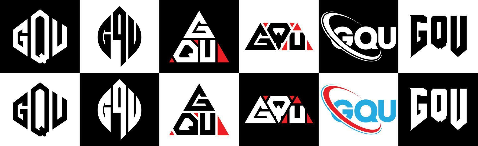 GQU letter logo design in six style. GQU polygon, circle, triangle, hexagon, flat and simple style with black and white color variation letter logo set in one artboard. GQU minimalist and classic logo vector