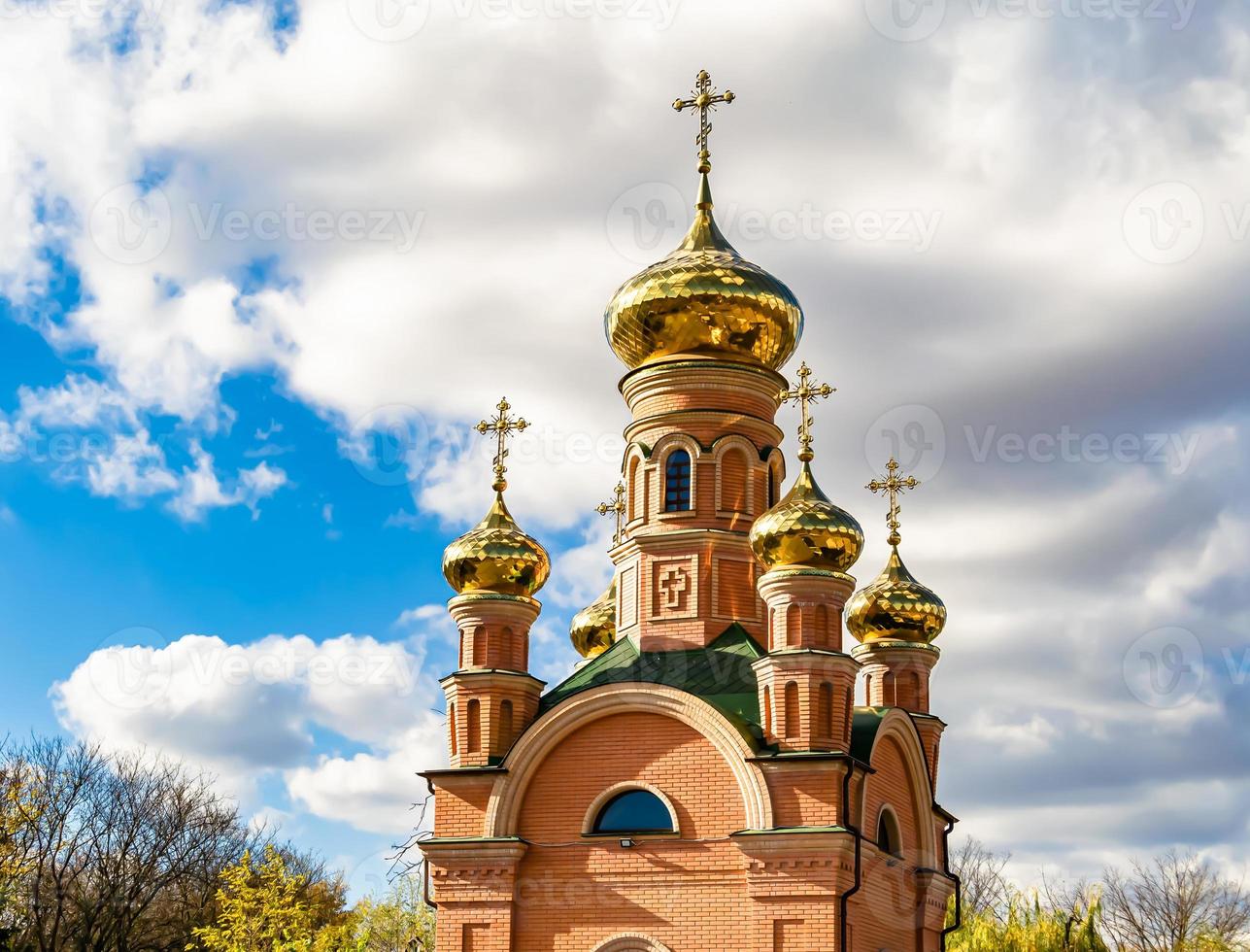 Christian church cross in high steeple tower for prayer photo