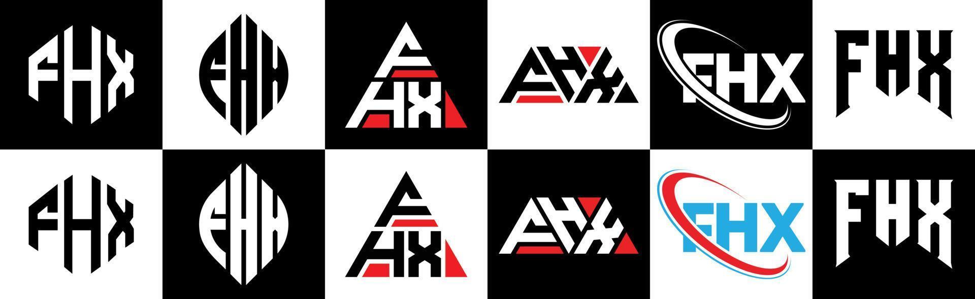 Diseño de logotipo de letra fhx en seis estilos. fhx polígono, círculo, triángulo, hexágono, estilo plano y simple con logotipo de letra de variación de color blanco y negro en una mesa de trabajo. logotipo minimalista y clásico de fhx vector