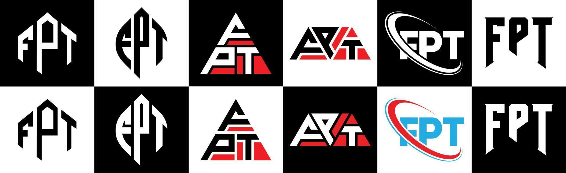 diseño de logotipo de letra fpt en seis estilos. fpt polígono, círculo, triángulo, hexágono, estilo plano y simple con logotipo de letra de variación de color blanco y negro en una mesa de trabajo. logotipo minimalista y clásico de fpt vector