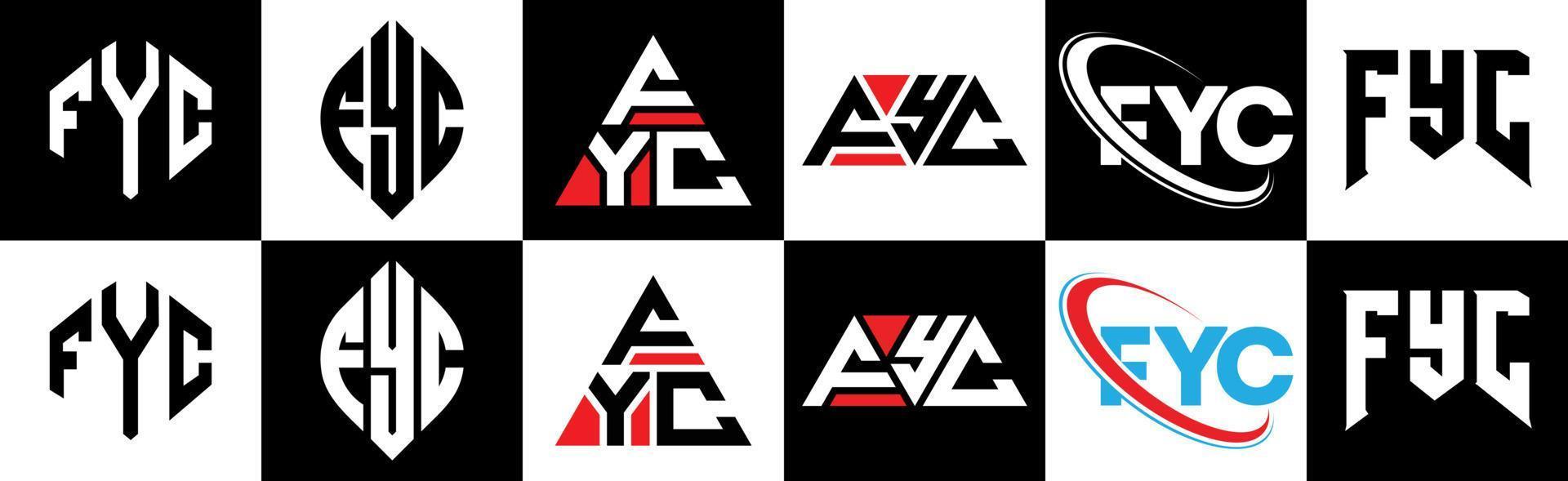 FYC letter logo design in six style. FYC polygon, circle, triangle, hexagon, flat and simple style with black and white color variation letter logo set in one artboard. FYC minimalist and classic logo vector