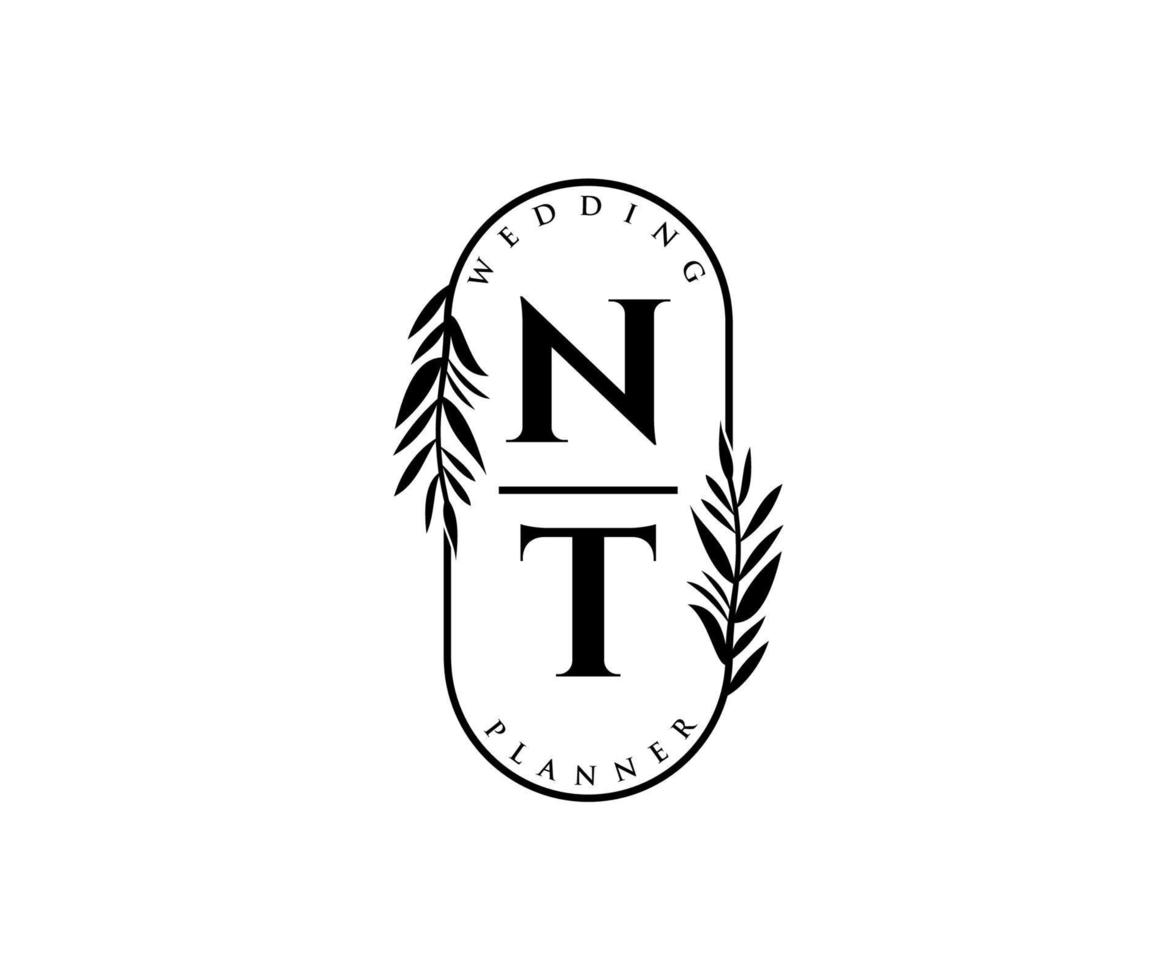 colección de logotipos de monograma de boda con letras iniciales nt, plantillas florales y minimalistas modernas dibujadas a mano para tarjetas de invitación, guardar la fecha, identidad elegante para restaurante, boutique, café en vector