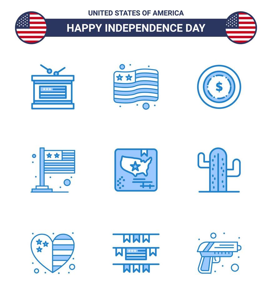 feliz día de la independencia paquete de 9 signos y símbolos de blues para el dólar de la bandera mundial elementos de diseño vectorial del día de estados unidos editables internacionales estadounidenses vector