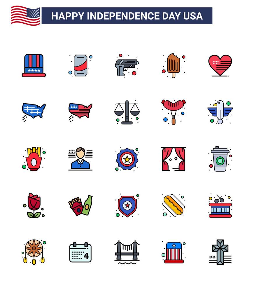 Pack of 25 creative USA Independence Day related Flat Filled Lines of love ice cream gun food cold Editable USA Day Vector Design Elements