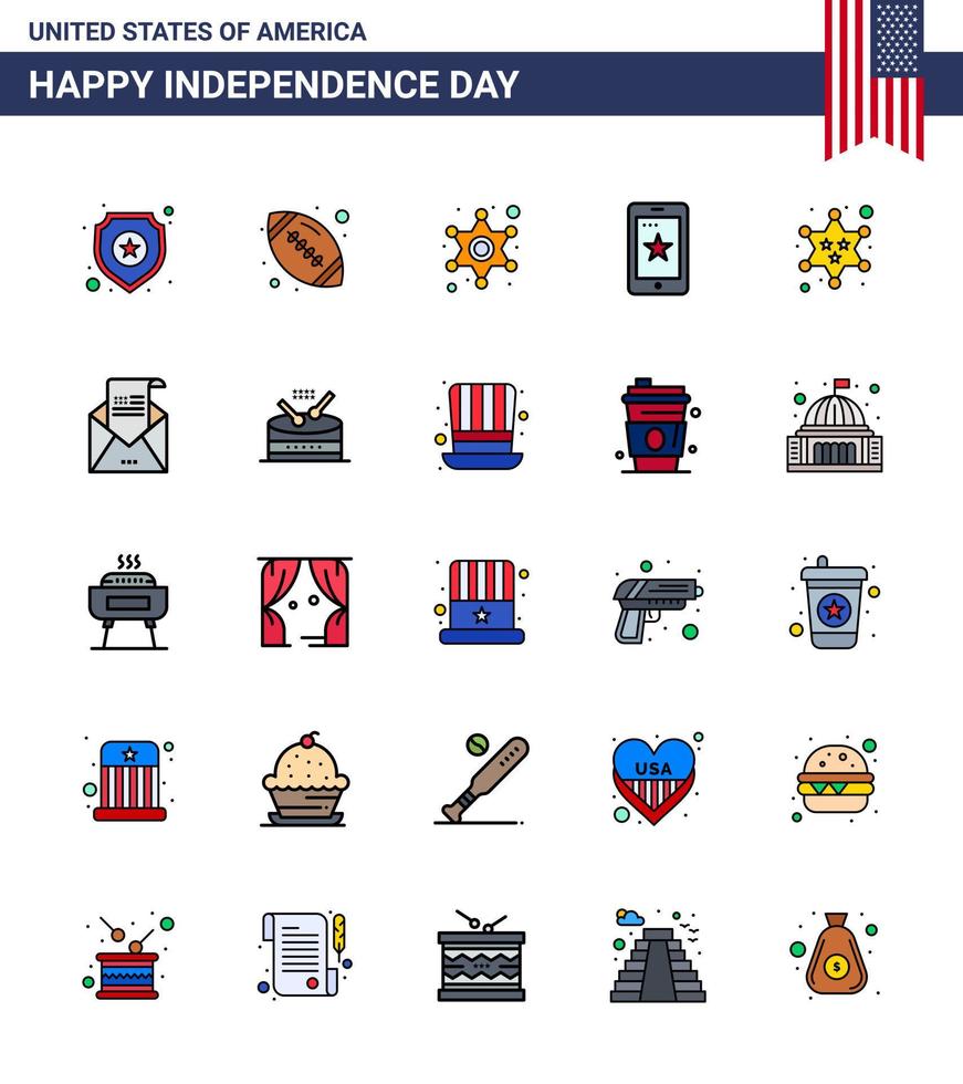 Group of 25 Flat Filled Lines Set for Independence day of United States of America such as military ireland men cell mobile Editable USA Day Vector Design Elements