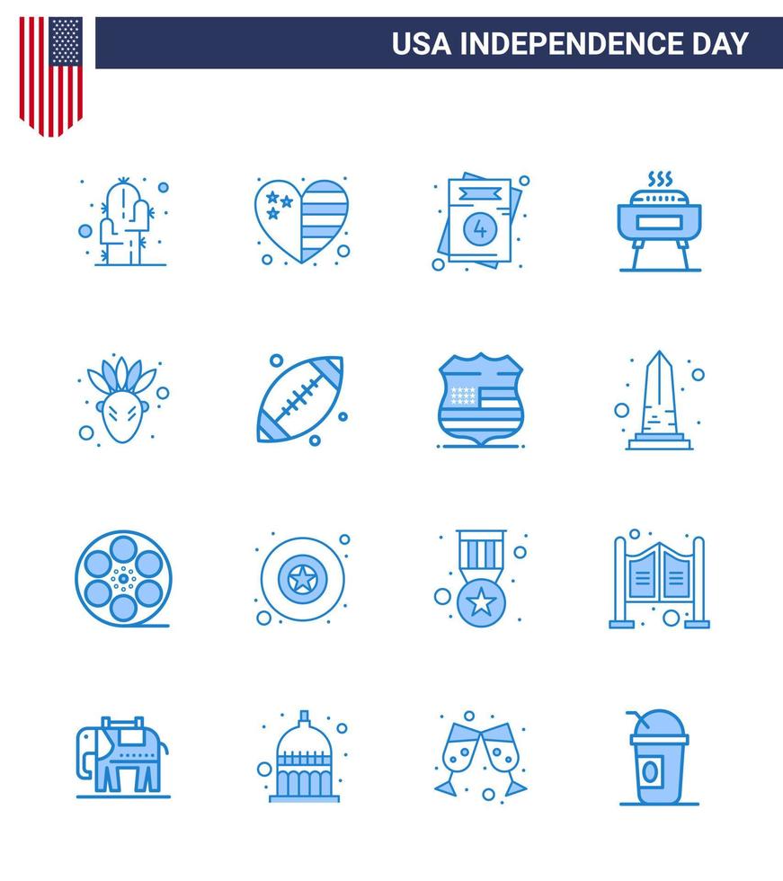 Happy Independence Day Pack of 16 Blues Signs and Symbols for native american holiday invitation festivity barbeque Editable USA Day Vector Design Elements