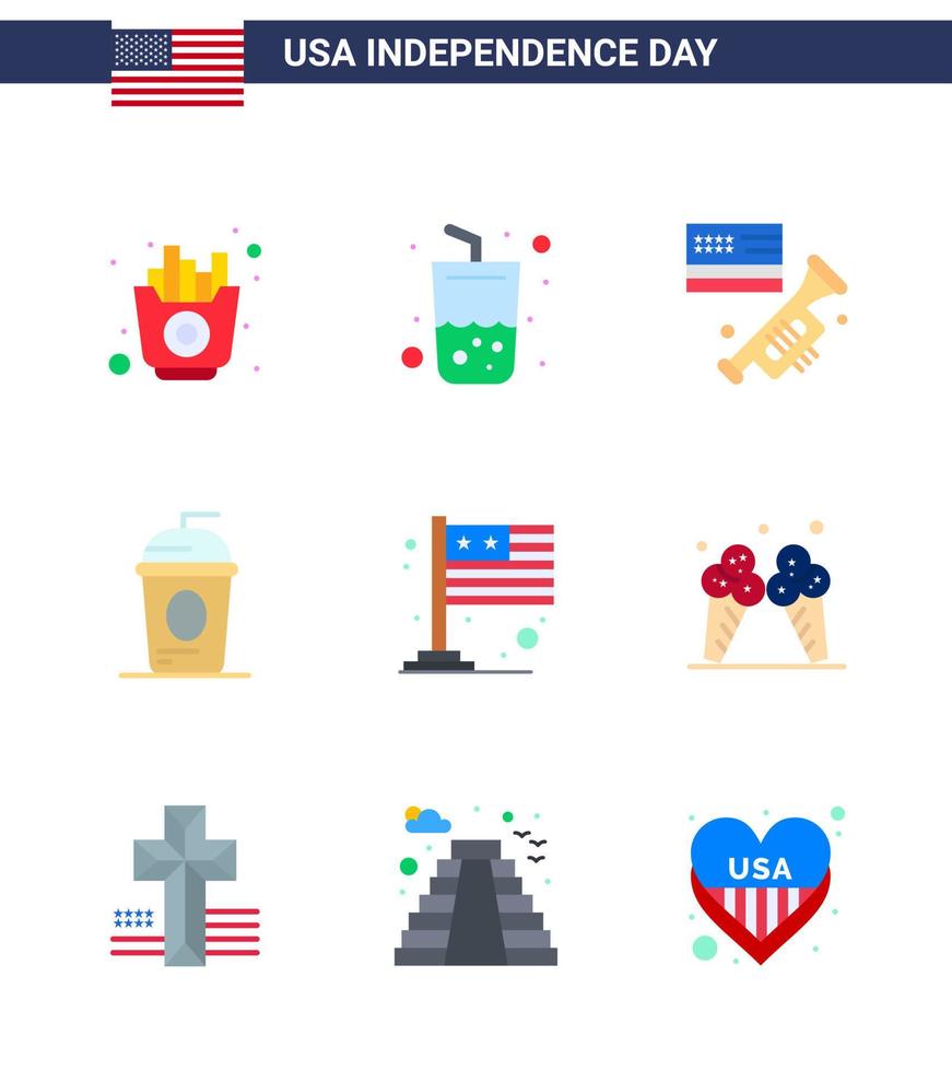 Happy Independence Day 9 Flats Icon Pack for Web and Print country holiday flag drink cake Editable USA Day Vector Design Elements