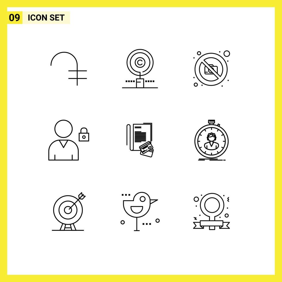 Group of 9 Modern Outlines Set for notebook user property lock photography Editable Vector Design Elements
