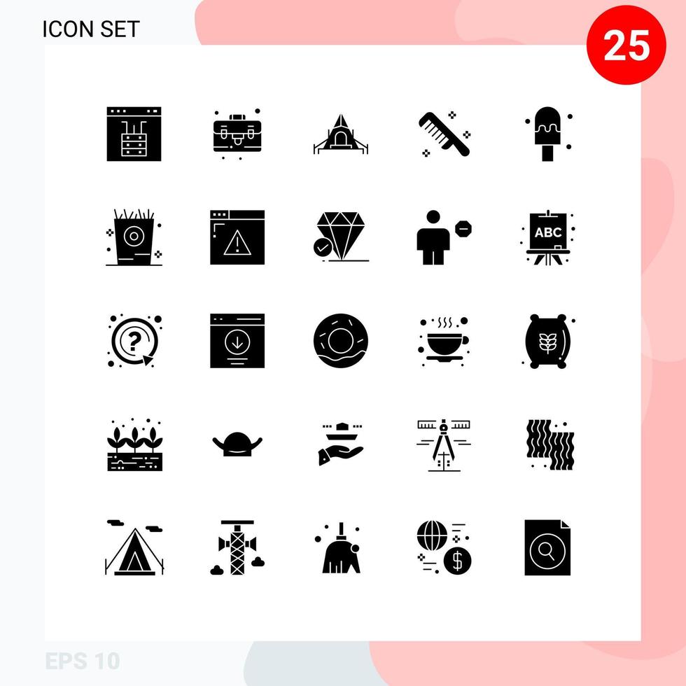 Set of 25 Vector Solid Glyphs on Grid for fries cream camping clean comb Editable Vector Design Elements