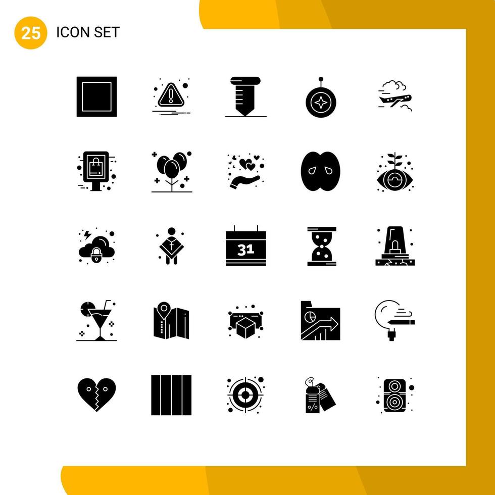 Mobile Interface Solid Glyph Set of 25 Pictograms of fly plane tools air shield Editable Vector Design Elements