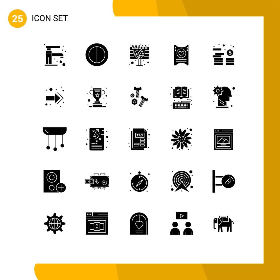 25 User Interface Solid Glyph Pack of modern Signs and Symbols of money asset advertising wedding love Editable Vector Design Elements