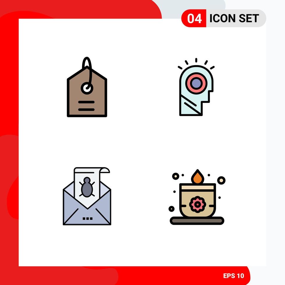 paquete de 4 modernos signos y símbolos de colores planos de línea de relleno para medios de impresión web, como elementos de diseño de vectores editables de malware de sombrero de idea de correo de precio