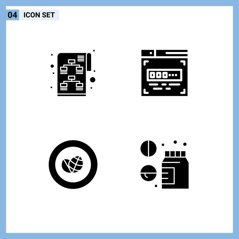 Pack of 4 creative Solid Glyphs of planning green start up front end development drug Editable Vector Design Elements