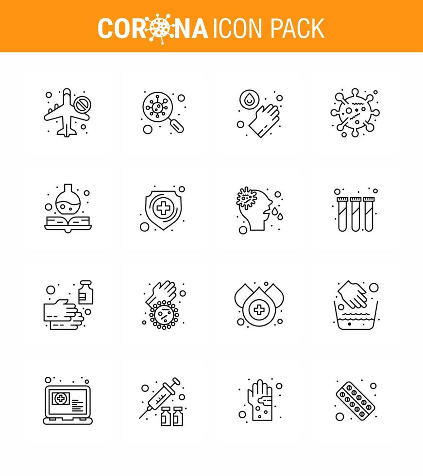 CORONAVIRUS 16 Line Icon set on the theme of Corona epidemic contains icons such as handbook corona scan bug washing viral coronavirus 2019nov disease Vector Design Elements
