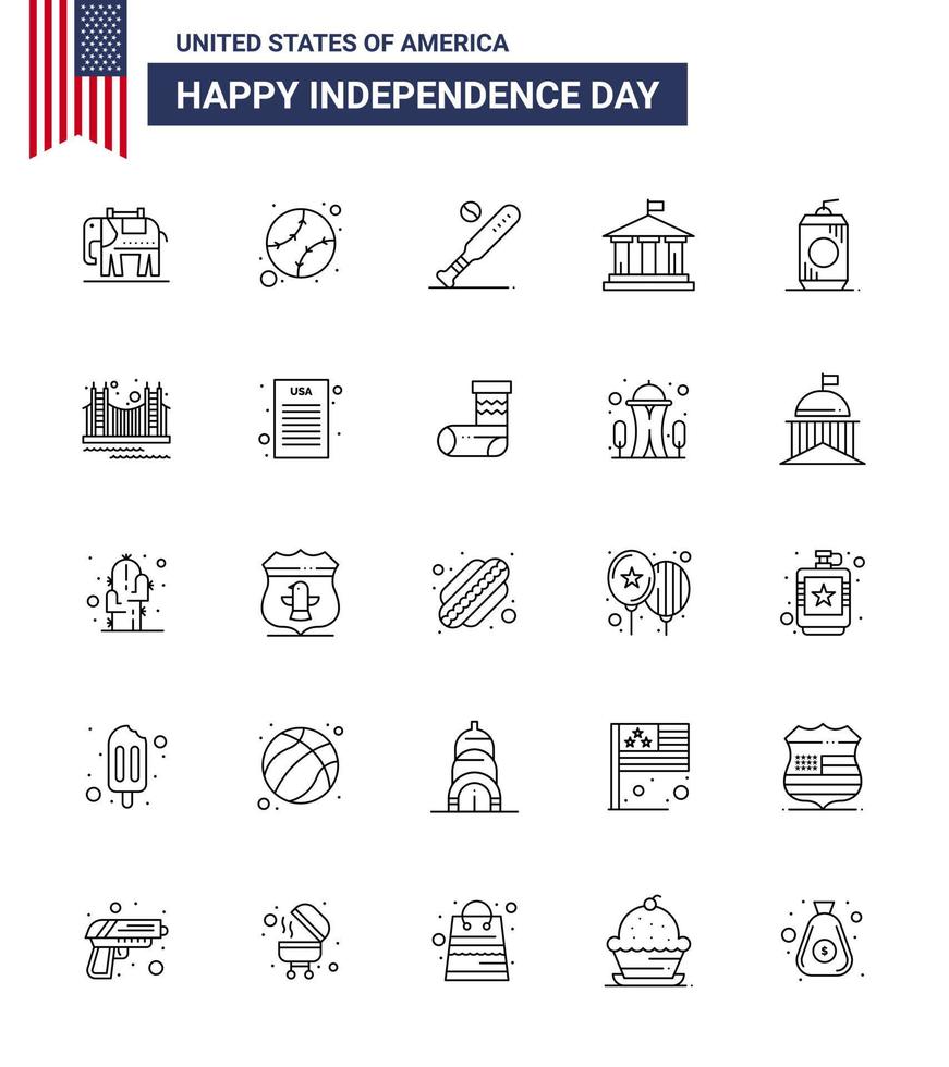 Editable Vector Line Pack of USA Day 25 Simple Lines of cola usa baseball american bank Editable USA Day Vector Design Elements