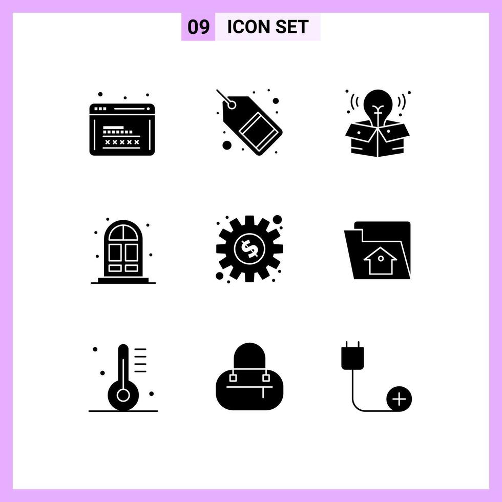 Pack of 9 Modern Solid Glyphs Signs and Symbols for Web Print Media such as gear door sale living big idea Editable Vector Design Elements