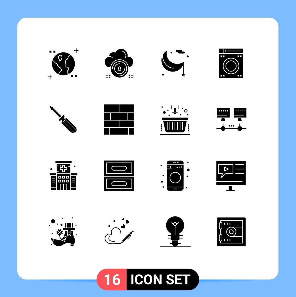 Group of 16 Solid Glyphs Signs and Symbols for driver bath moon machine ramadan Editable Vector Design Elements