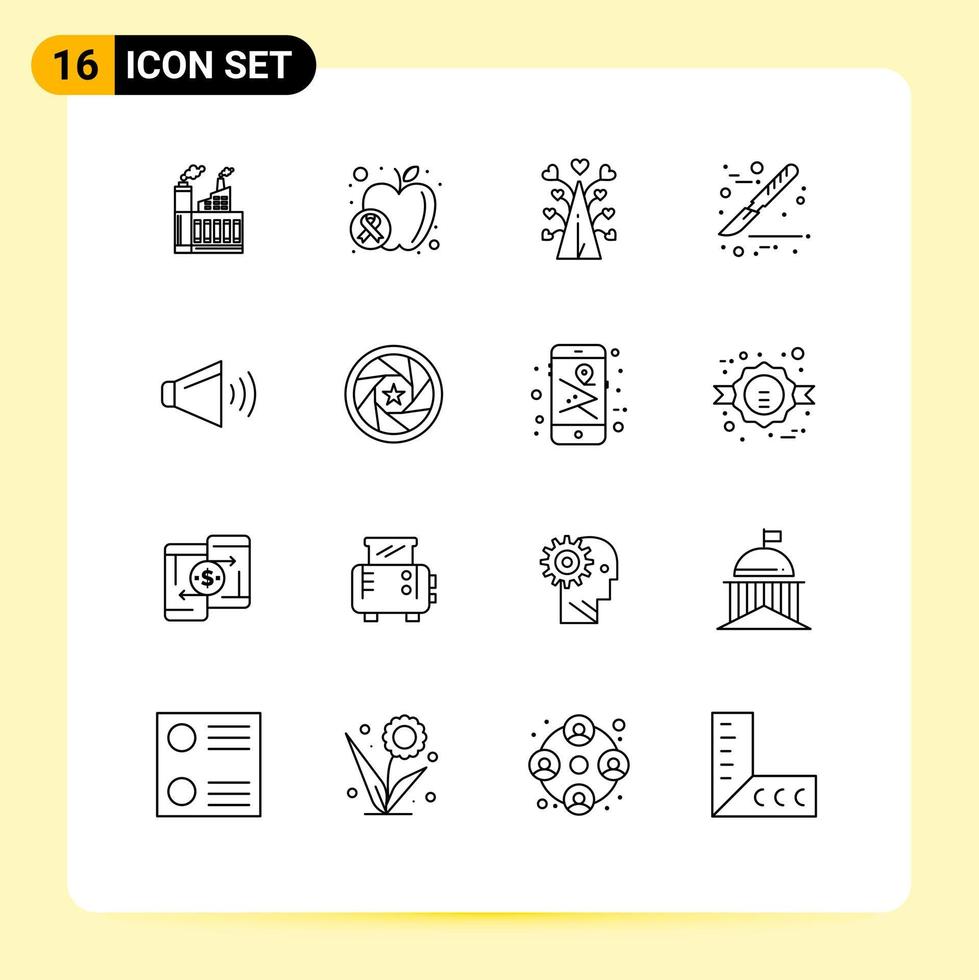 Group of 16 Outlines Signs and Symbols for sound scalpel food medical valentine Editable Vector Design Elements
