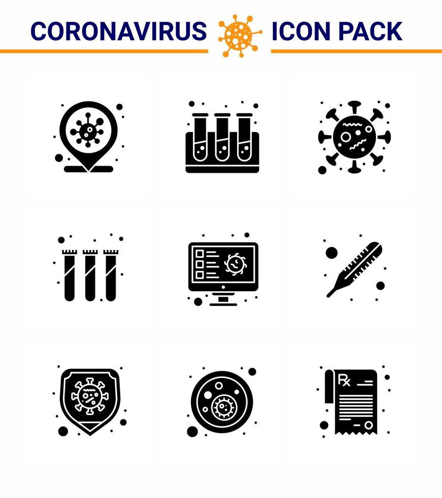 prevención del virus de la corona covid19 consejos para evitar lesiones 9 icono negro de glifo sólido para presentación escanear computadora propagar tubos de ensayo laboratorio coronavirus viral 2019nov enfermedad vector elementos de diseño