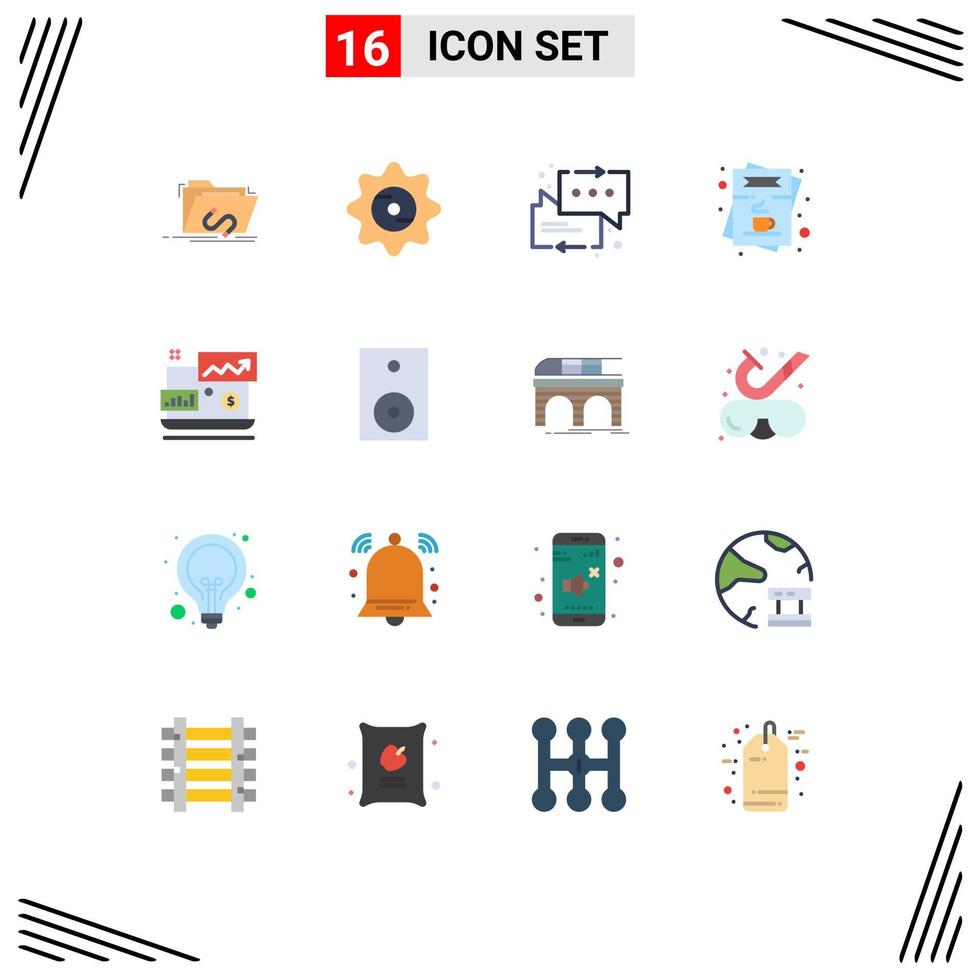 paquete de 16 signos y símbolos de colores planos modernos para medios de impresión web, como lista de pedidos, flecha de café, paquete editable de elementos creativos de diseño de vectores