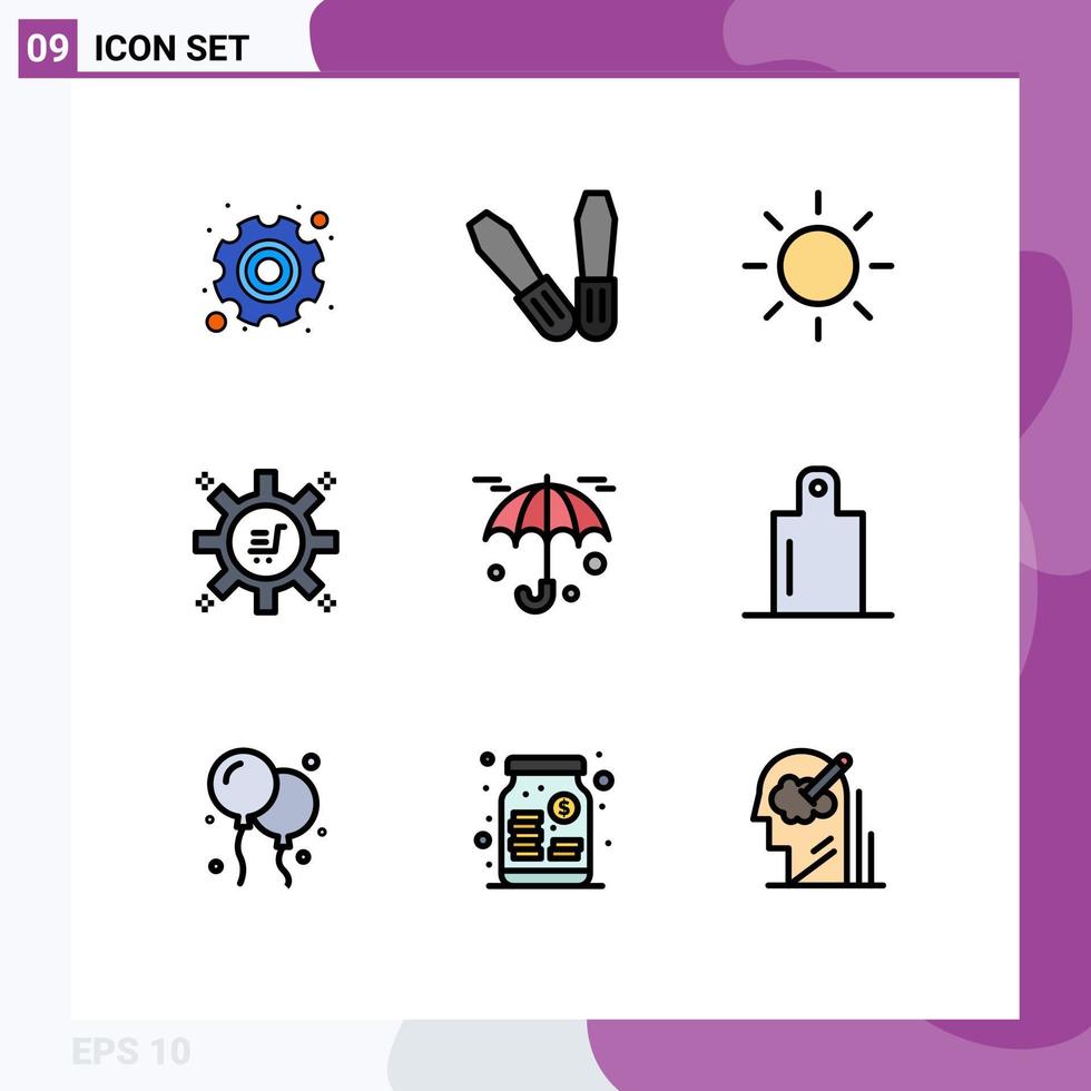 9 Universal Filledline Flat Colors Set for Web and Mobile Applications balloon food marketing automation umbrella insurance Editable Vector Design Elements