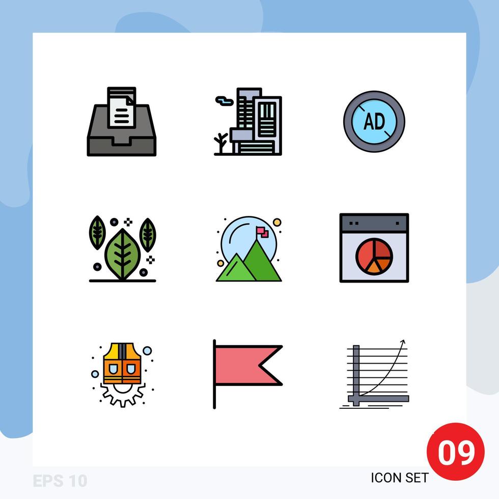 Group of 9 Filledline Flat Colors Signs and Symbols for success achievement blocker achieved leaf Editable Vector Design Elements