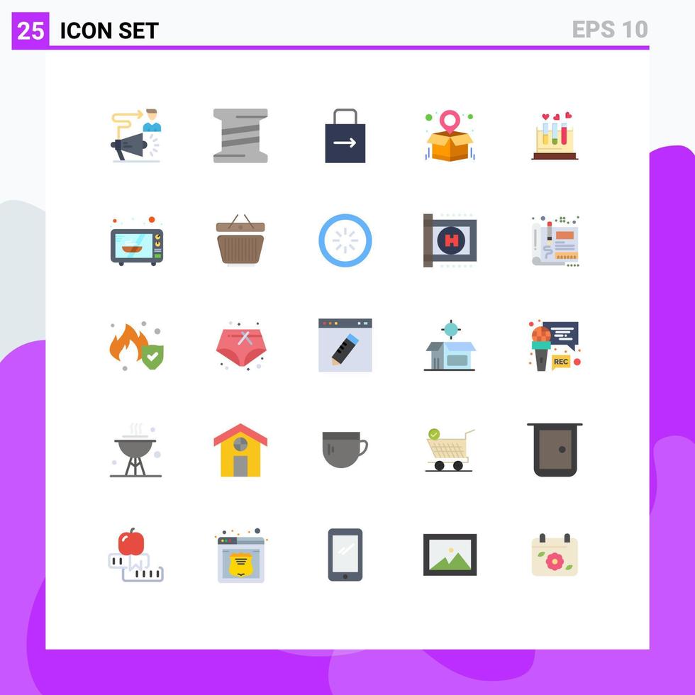25 Thematic Vector Flat Colors and Editable Symbols of lab parcel location arrow parcel destination security Editable Vector Design Elements
