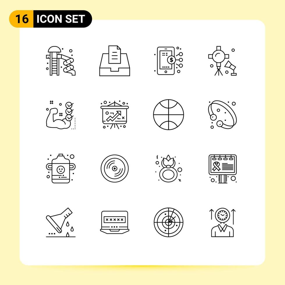 Pack of 16 Modern Outlines Signs and Symbols for Web Print Media such as checklist studio lights business studio lightning lights Editable Vector Design Elements