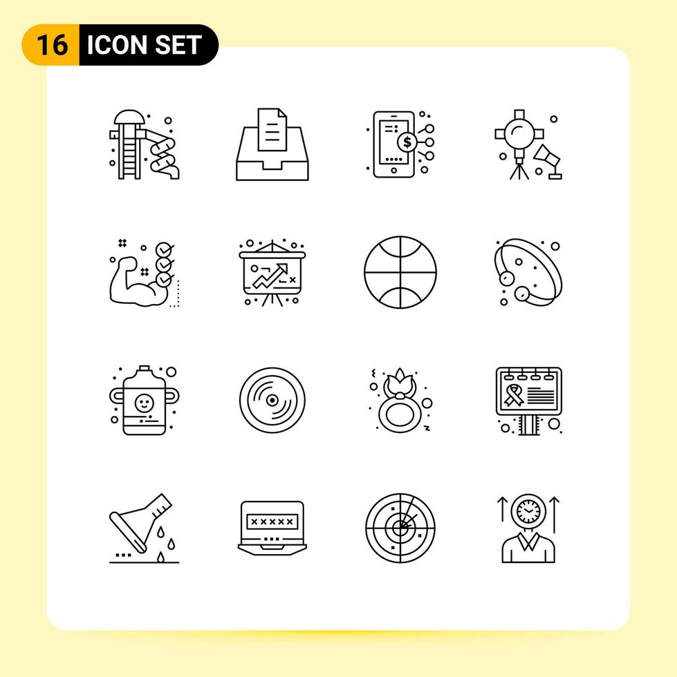 paquete de 16 signos y símbolos de contornos modernos para medios de impresión web, como luces de estudio de lista de verificación, luces de iluminación de estudio de negocios, elementos de diseño de vectores editables