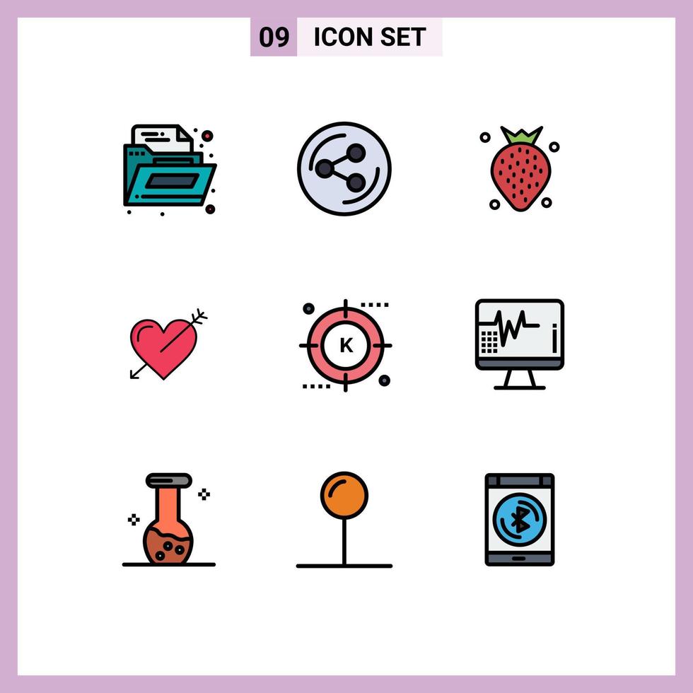 Group of 9 Filledline Flat Colors Signs and Symbols for media engine fruit valentine holidays Editable Vector Design Elements