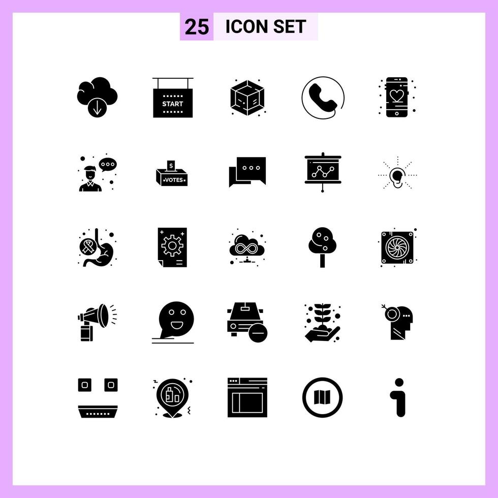 Mobile Interface Solid Glyph Set of 25 Pictograms of avatar like process heart phone Editable Vector Design Elements