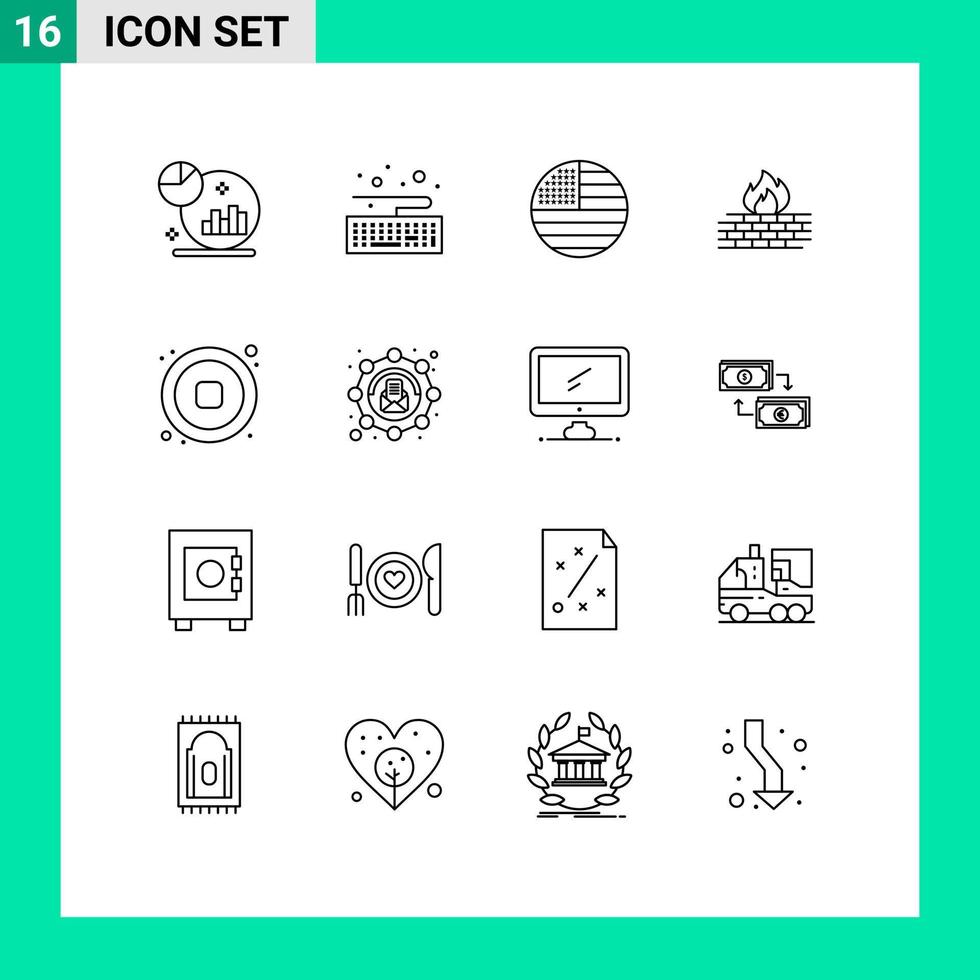 Set of 16 Vector Outlines on Grid for music security flag network computer Editable Vector Design Elements