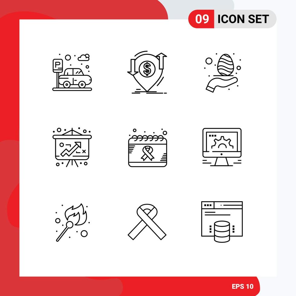 esquema de interfaz móvil conjunto de 9 pictogramas de día calendario huevo estrategia economía elementos de diseño vectorial editables vector