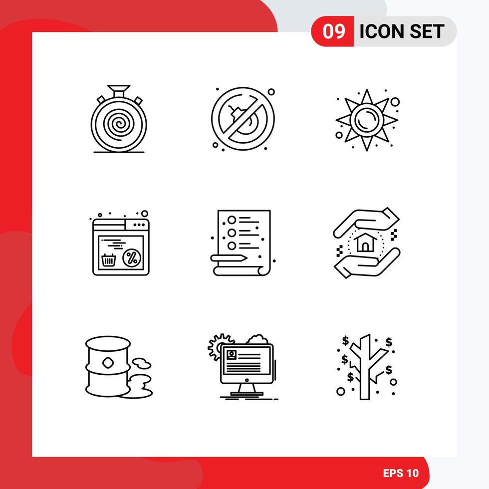 User Interface Pack of 9 Basic Outlines of process web brightness shopping discount Editable Vector Design Elements