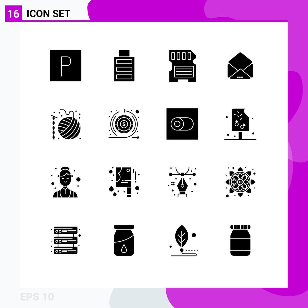 Group of 16 Solid Glyphs Signs and Symbols for knit crochet memory crafts open Editable Vector Design Elements