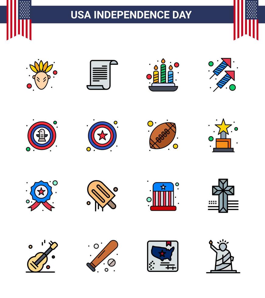 Happy Independence Day USA Pack of 16 Creative Flat Filled Lines of eagle bird fire american firework Editable USA Day Vector Design Elements