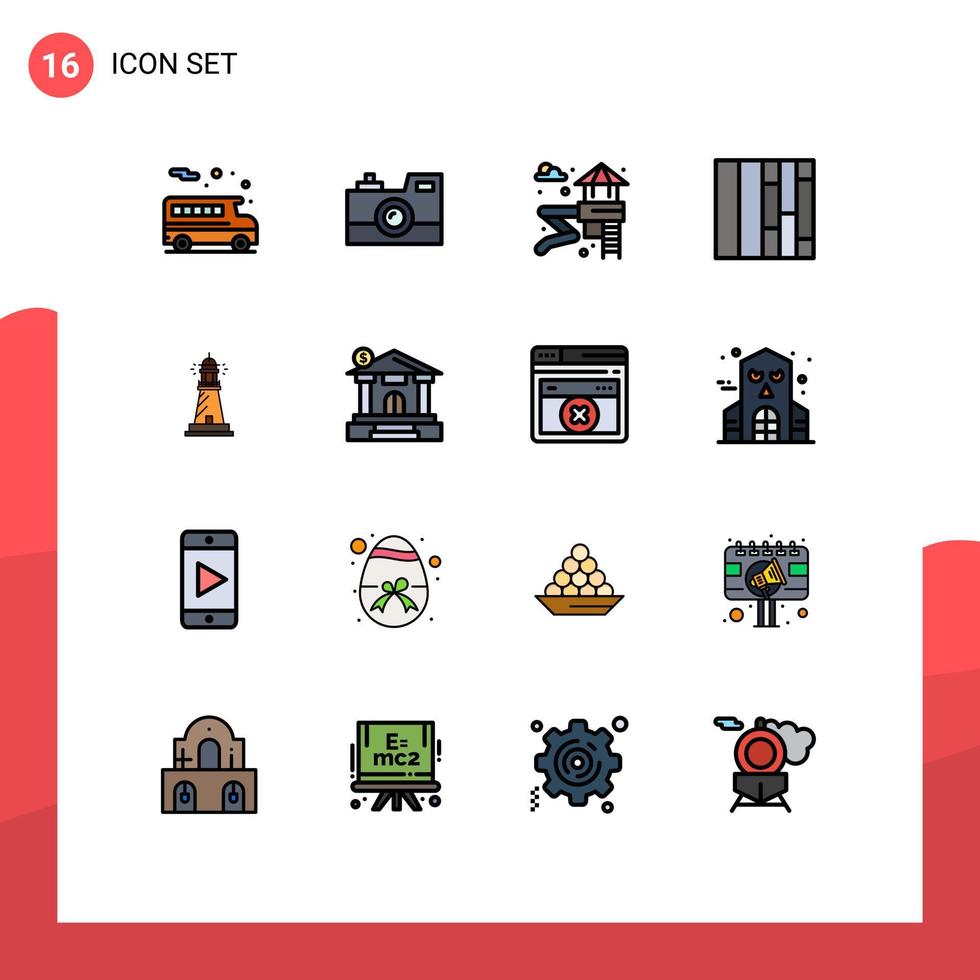 grupo de 16 líneas llenas de color plano, signos y símbolos para la luz del océano, casa deslizante, ceñidor, elementos de diseño de vectores creativos editables