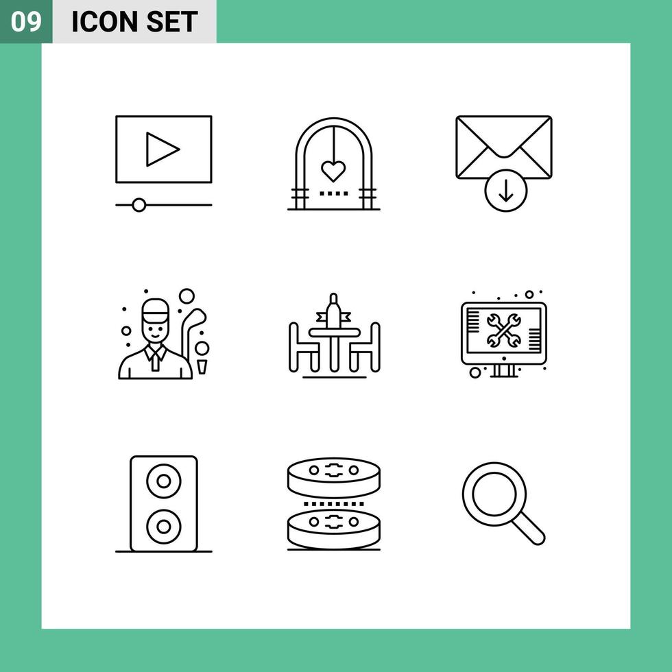 Pack of 9 Modern Outlines Signs and Symbols for Web Print Media such as debate agreement mail game golfer Editable Vector Design Elements