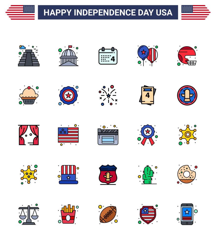 Happy Independence Day 4th July Set of 25 Flat Filled Lines American Pictograph of american day white celebrate american Editable USA Day Vector Design Elements