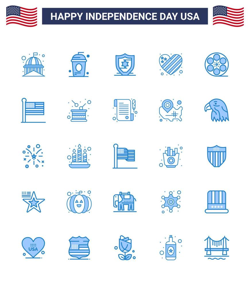 Set of 25 Vector Blues on 4th July USA Independence Day such as movis heart holiday flag shield Editable USA Day Vector Design Elements
