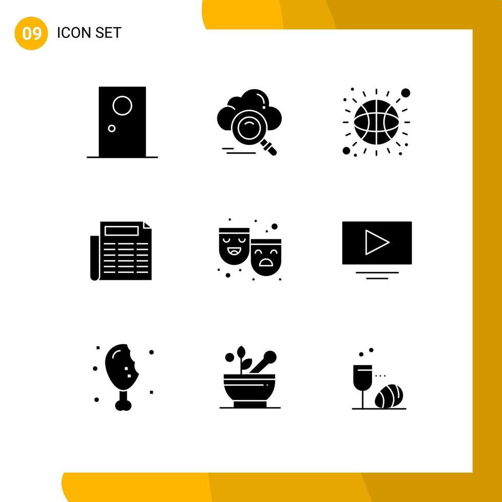Mobile Interface Solid Glyph Set of 9 Pictograms of roles document online paper sport Editable Vector Design Elements