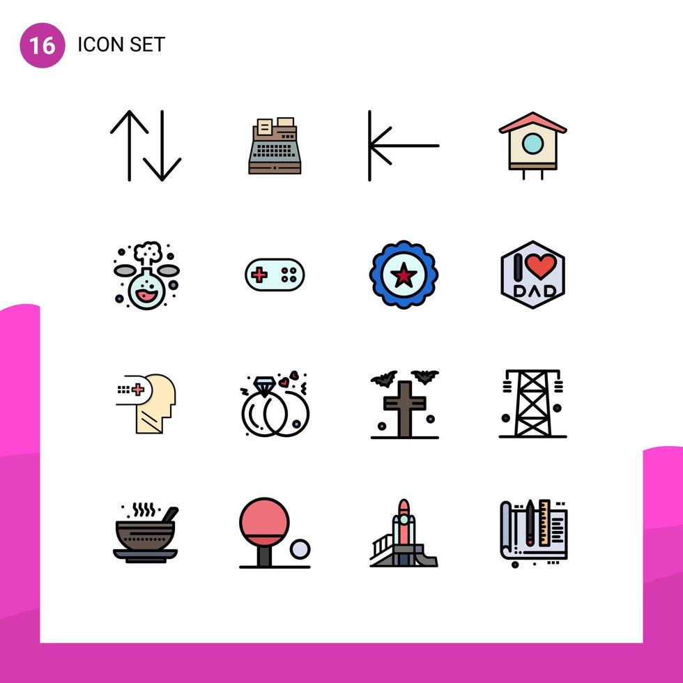 Modern Set of 16 Flat Color Filled Lines Pictograph of aid experiment home chemistry bird house Editable Creative Vector Design Elements