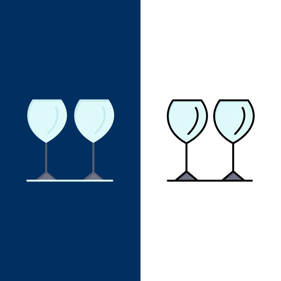 vasos de vidrio bebida hotel iconos planos y llenos de línea conjunto de iconos vector fondo azul