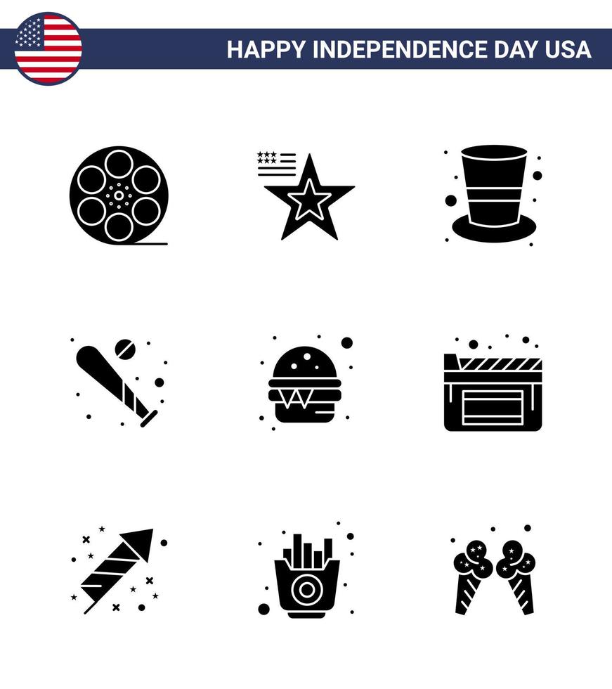 Editable Vector Line Pack of USA Day 9 Simple Solid Glyphs of burger sports american bat ball Editable USA Day Vector Design Elements