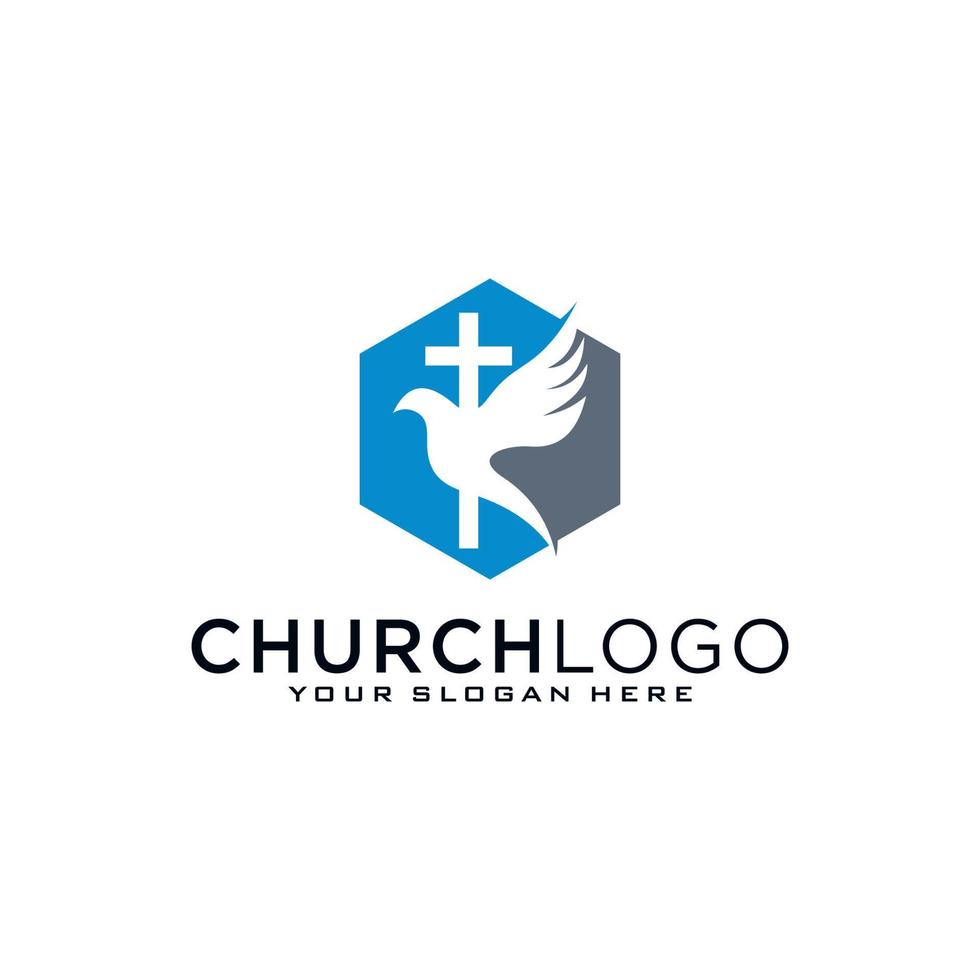 Church logo. Christian symbols. The Cross of Jesus, the fire of the Holy Spirit and the dove. vector