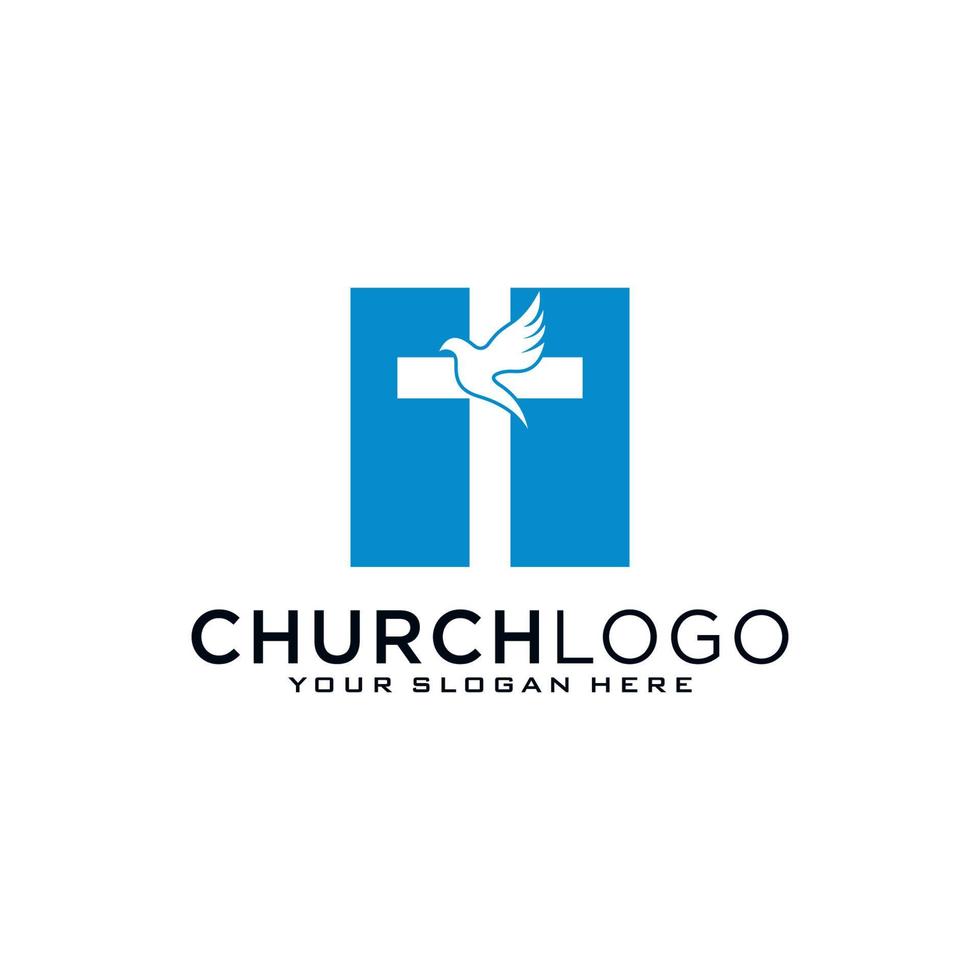 Church logo. Christian symbols. The Cross of Jesus, the fire of the Holy Spirit and the dove. vector