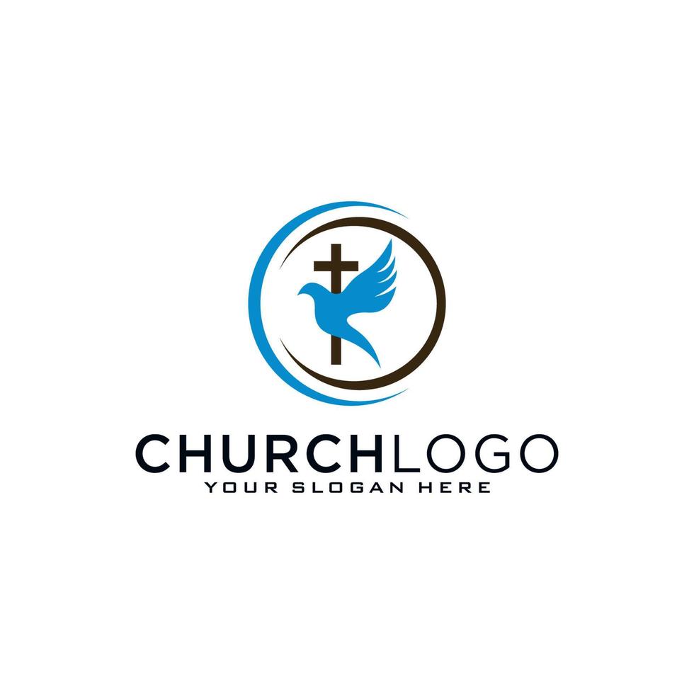 Church logo. Christian symbols. The Cross of Jesus, the fire of the Holy Spirit and the dove. vector