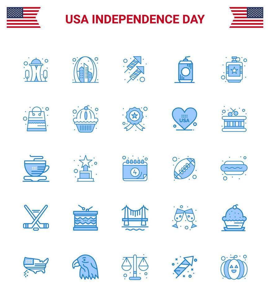 usa feliz día de la independencia pictograma conjunto de 25 blues simple de bebida alcohólica usa cola shoot editable usa day vector elementos de diseño