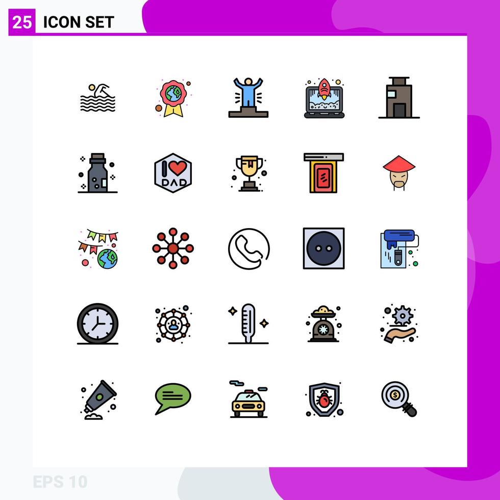 paquete de 25 modernos signos y símbolos de colores planos de línea rellena para medios de impresión web, como elementos de diseño de vectores editables para persona portátil con medalla de cohete de apartamento