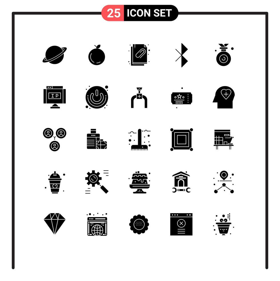 Set of 25 Vector Solid Glyphs on Grid for winner medal attached document signal bluetooth Editable Vector Design Elements